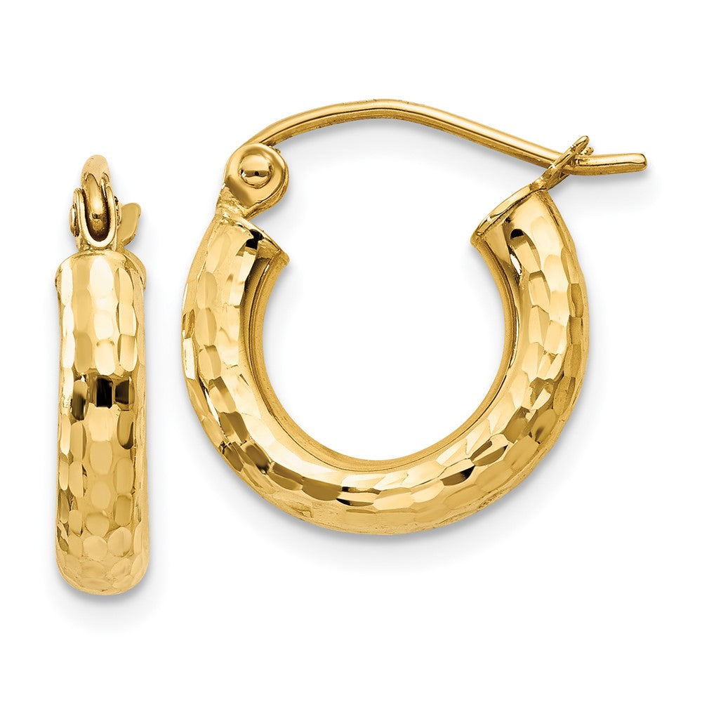14K Yellow Gold Diamond-Cut 3mm Round Hoop Earrings