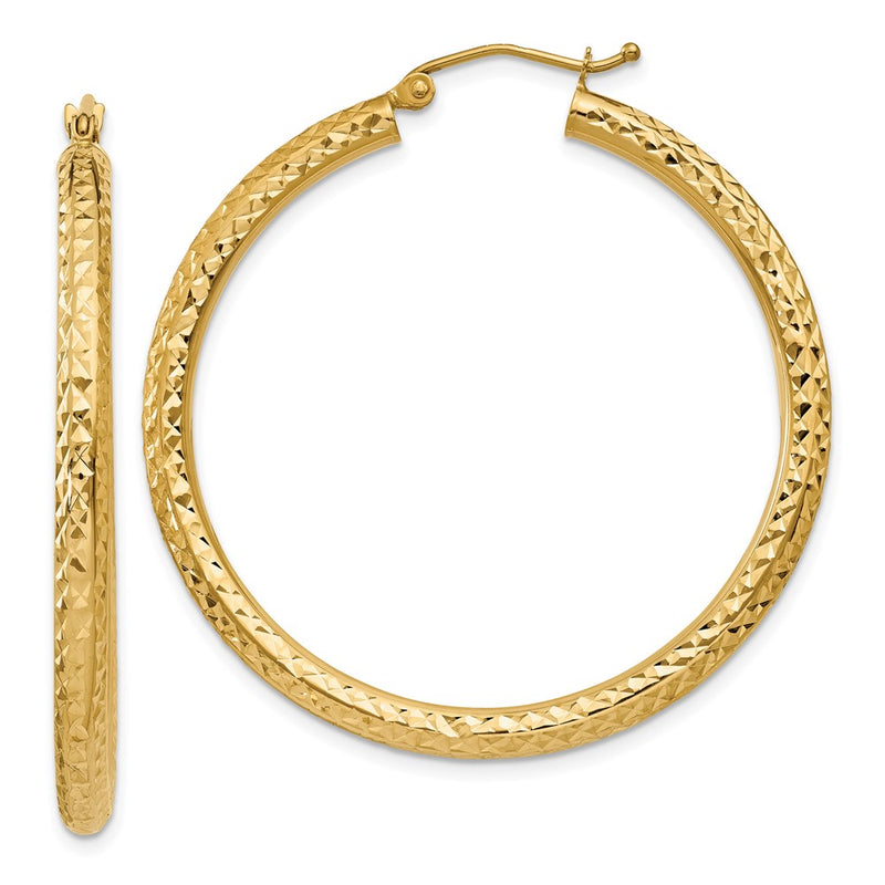 14K Yellow Gold Diamond-Cut 3mm Round Hoop Earrings