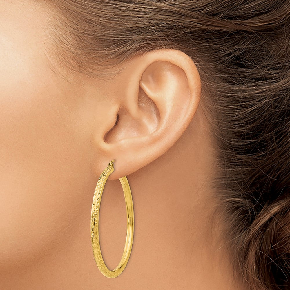 14K Yellow Gold Diamond-Cut 3mm Round Hoop Earrings