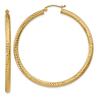 14K Yellow Gold Diamond-Cut 3mm Round Hoop Earrings