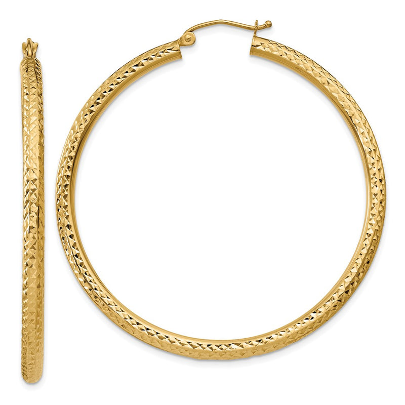 14K Yellow Gold Diamond-Cut 3mm Round Hoop Earrings