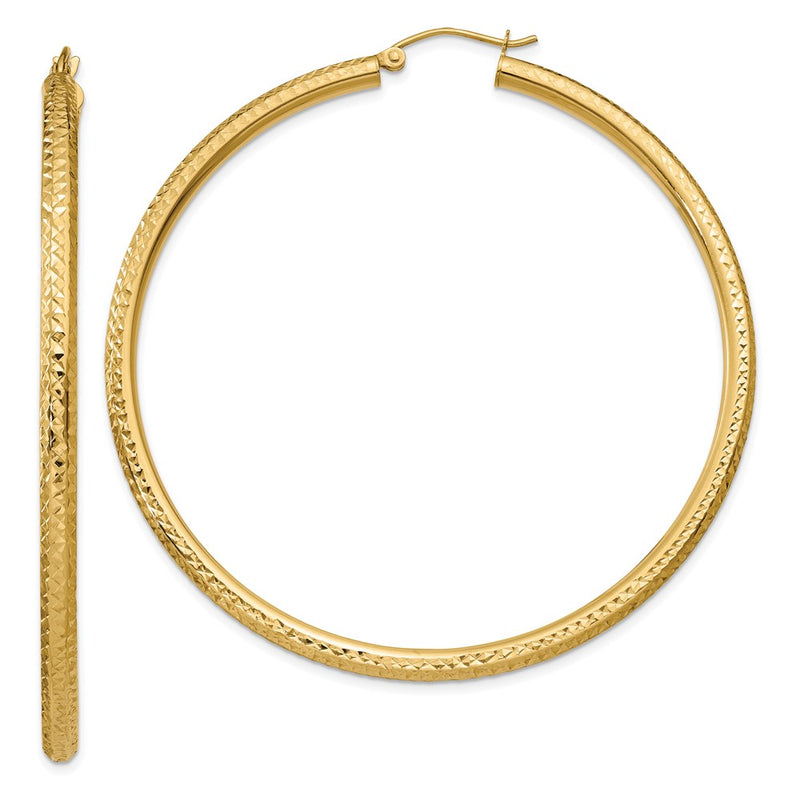 14K Yellow Gold Diamond-Cut 3mm Round Hoop Earrings