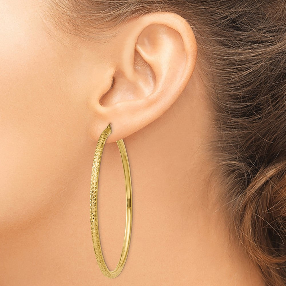 14K Yellow Gold Diamond-Cut 3mm Round Hoop Earrings
