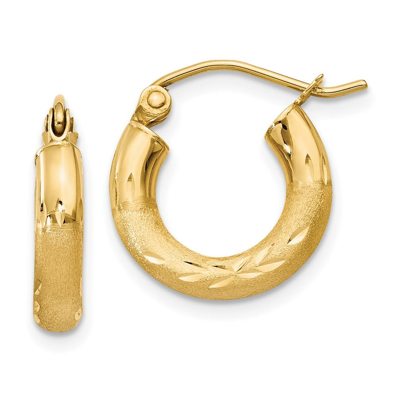 14K Yellow Gold Satin And Diamond-Cut 3mm Round Hoop Earrings