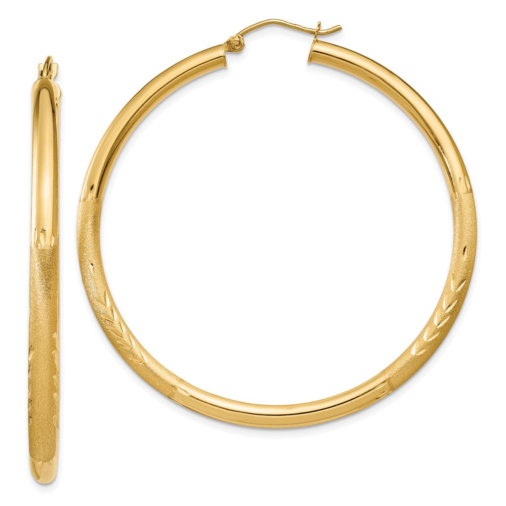 14K Yellow Gold Satin And Diamond-Cut 3mm Round Hoop Earrings