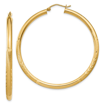 14K Yellow Gold Satin And Diamond-Cut 3mm Round Hoop Earrings
