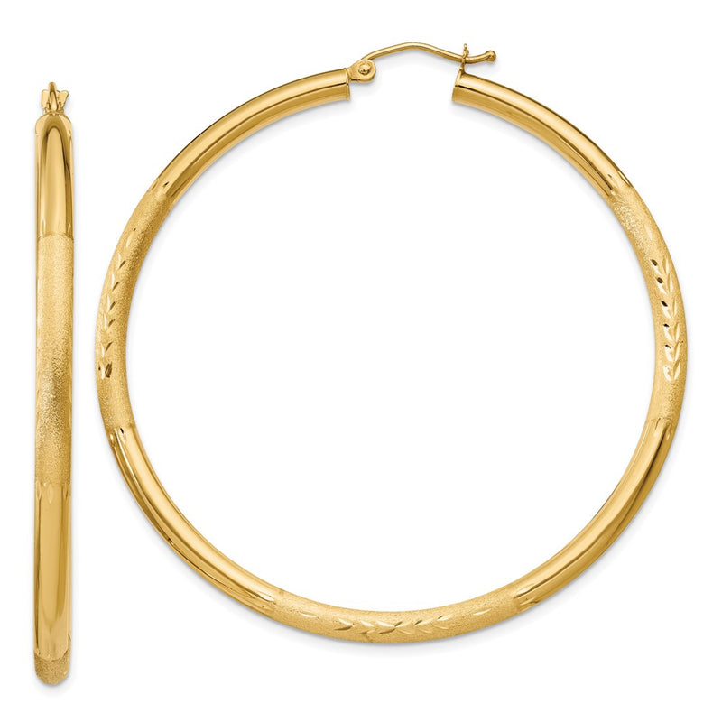 14K Yellow Gold Satin And Diamond-Cut 3mm Round Hoop Earrings
