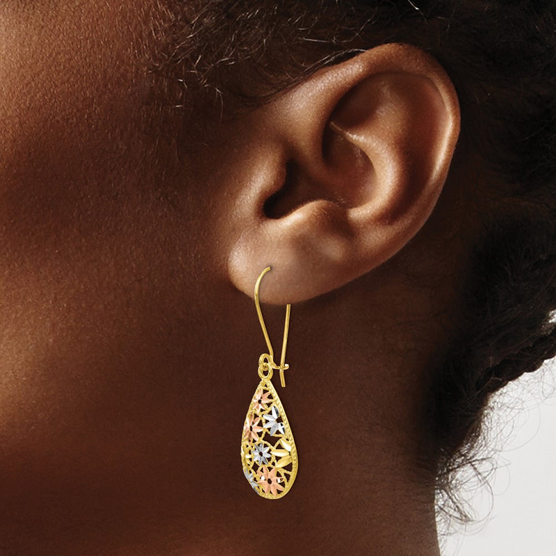 10K Yellow W/Rhodium W/White And Rose Rhodium D/C Dangle Earrings