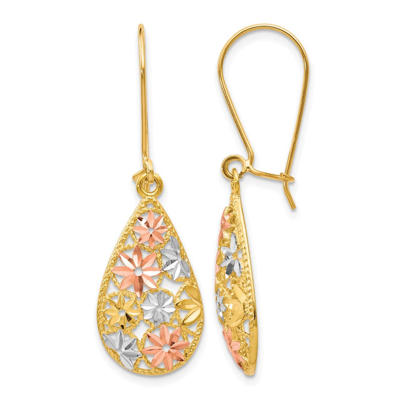 10K Yellow W/Rhodium W/White And Rose Rhodium D/C Dangle Earrings