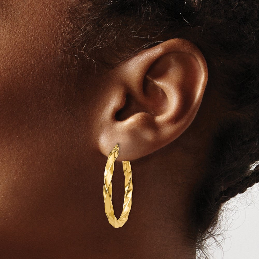 14K Yellow Gold Polished 3mm Twisted Hoop Earrings