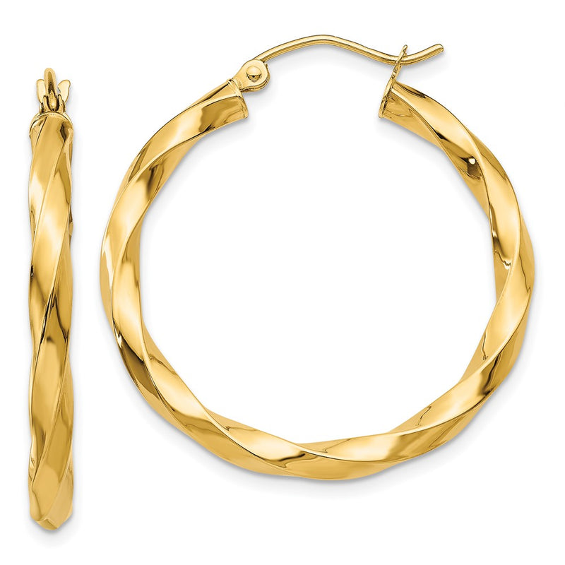 14K Yellow Gold Polished 3mm Twisted Hoop Earrings