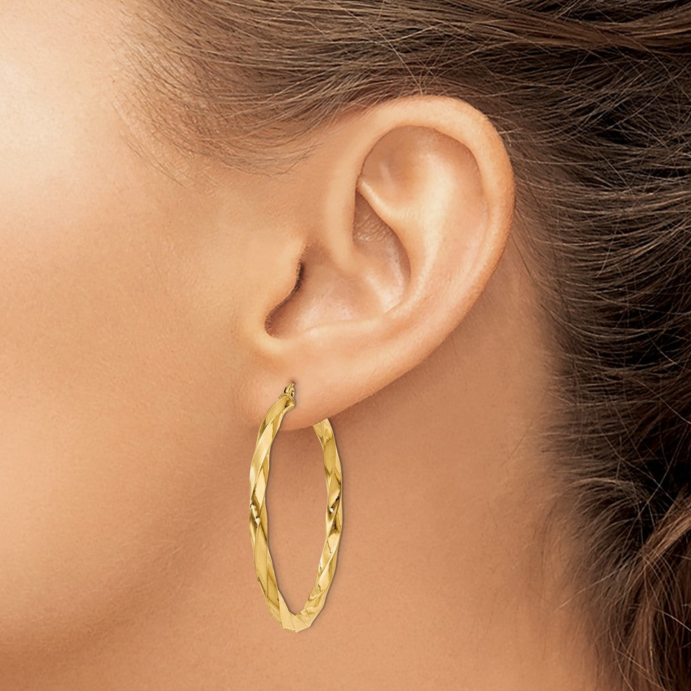 14K Yellow Gold Polished 3mm Twisted Hoop Earrings