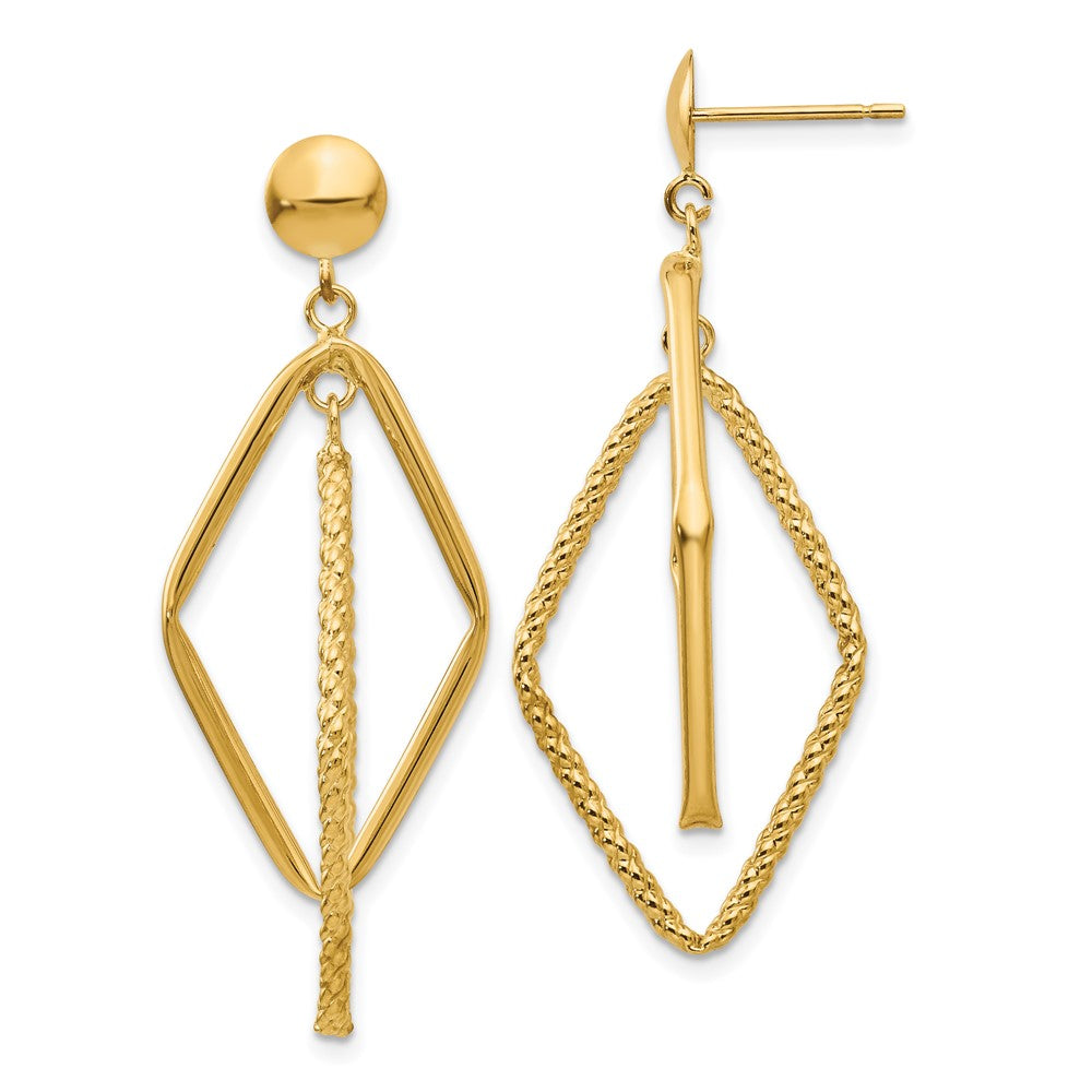 14K Yellow Gold Polished And Textured Diamond Shaped Post Earrings