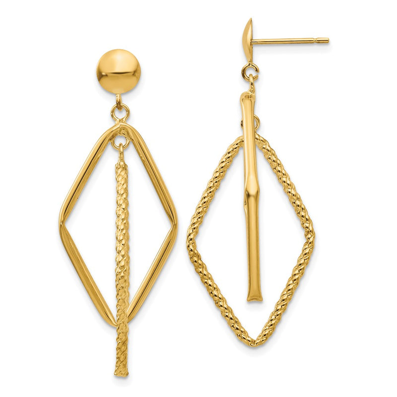 14K Yellow Gold Polished And Textured Diamond Shaped Post Earrings
