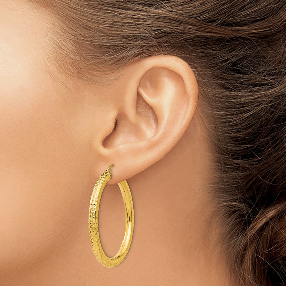 14K Yellow Gold Diamond-Cut 4mm Round Hoop Earrings