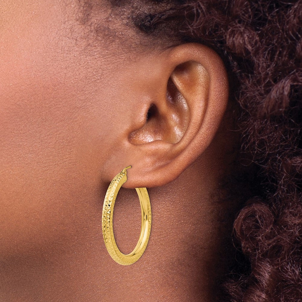 14K Yellow Gold Diamond-Cut 4mm Round Hoop Earrings