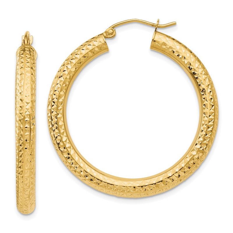 14K Yellow Gold Diamond-Cut 4mm Round Hoop Earrings