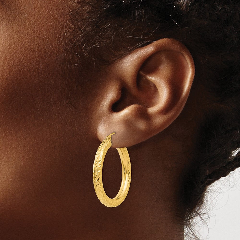 14K Yellow Gold Diamond-Cut 4mm Round Hoop Earrings