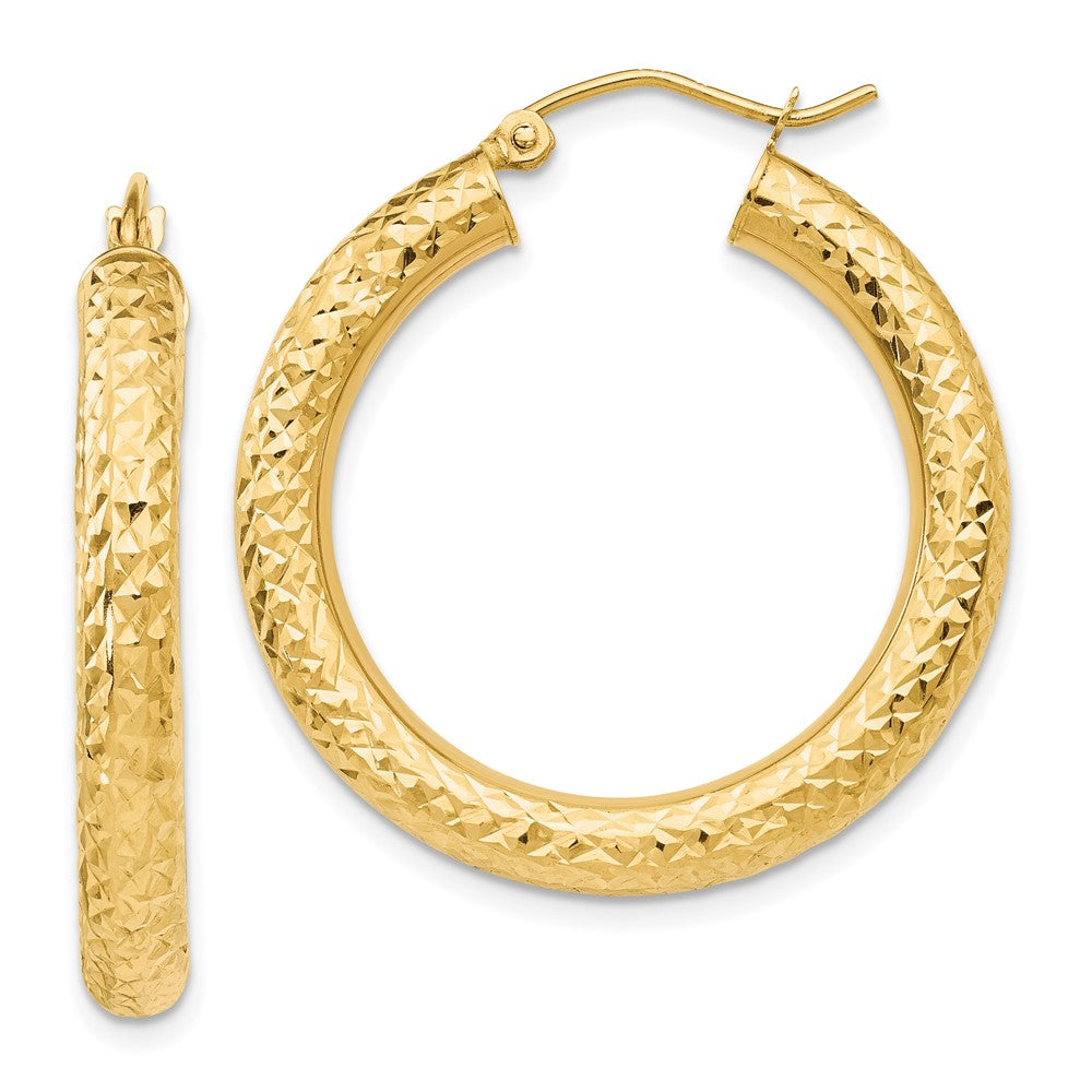 14K Yellow Gold Diamond-Cut 4mm Round Hoop Earrings