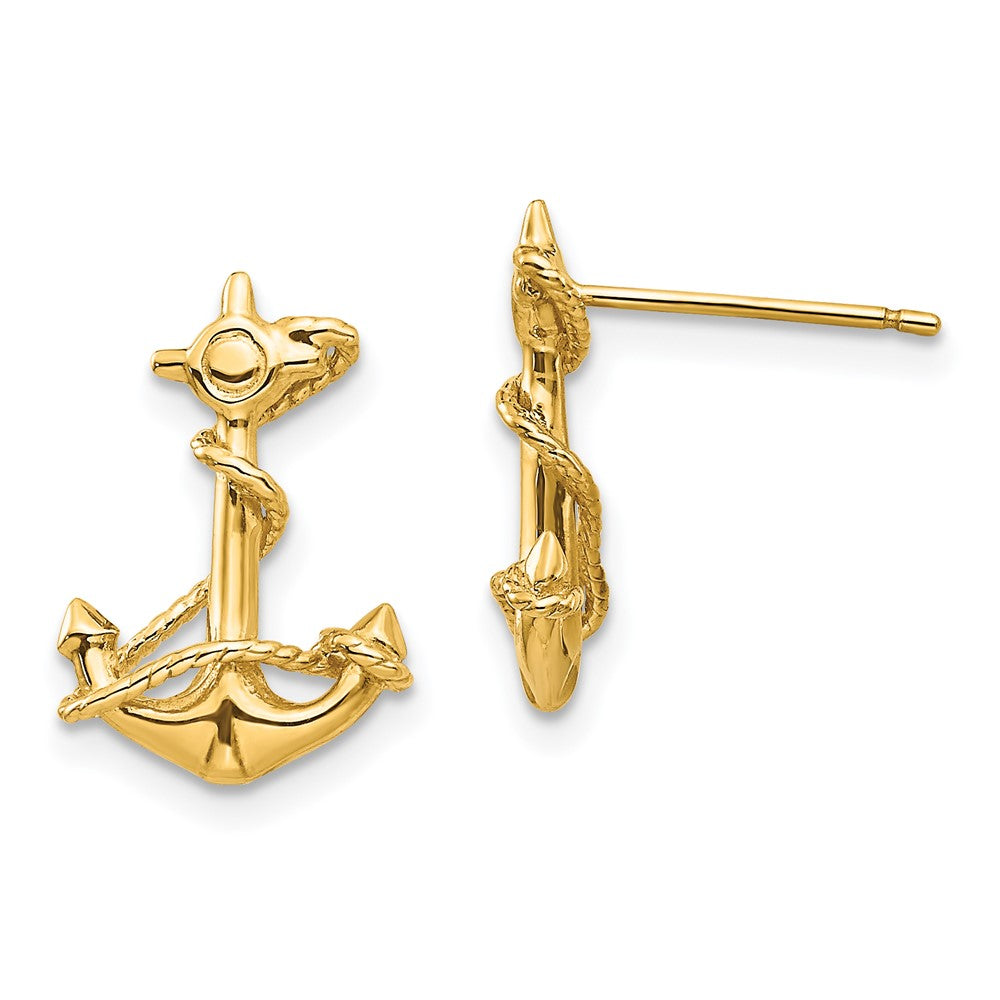 14K Yellow Gold 3-D Anchor With Rope Post Earrings