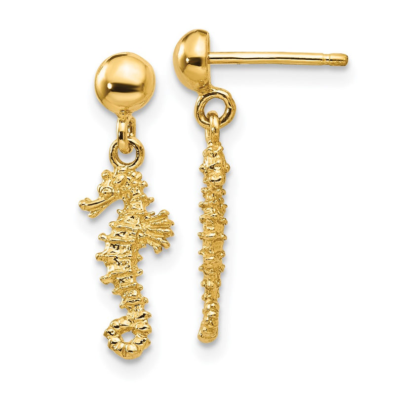14K Yellow Gold 3-D Mini Seahorse Dangle Post Earrings