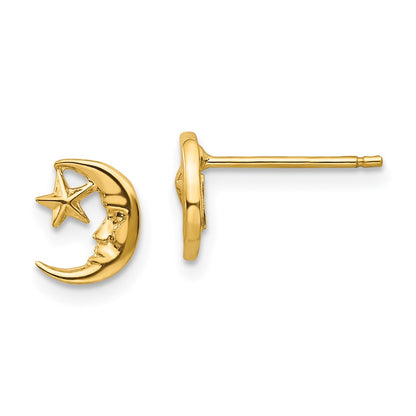 14K Yellow Gold Moon And Star Post Earrings