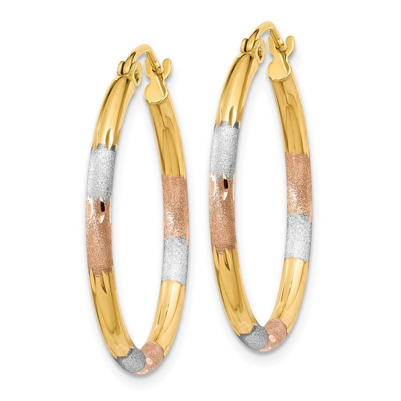 14K Yellow & Rhodium W/White And Rose 2mm Satin D/C Hoop Earrings
