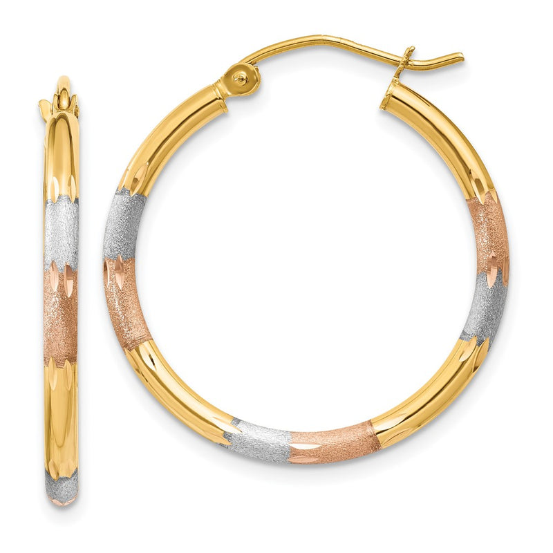 14K Yellow & Rhodium W/White And Rose 2mm Satin D/C Hoop Earrings