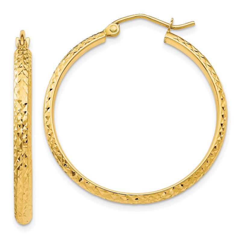 14K Yellow Gold Diamond-Cut 2.8X30mm Hollow Hoop Earrings