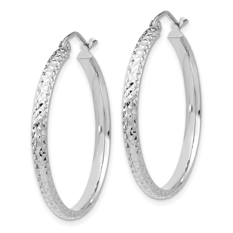 14K White Gold Diamond-Cut 2.8X30mm Hollow Hoop Earrings