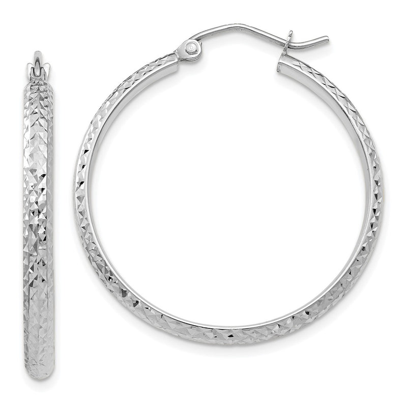14K White Gold Diamond-Cut 2.8X30mm Hollow Hoop Earrings