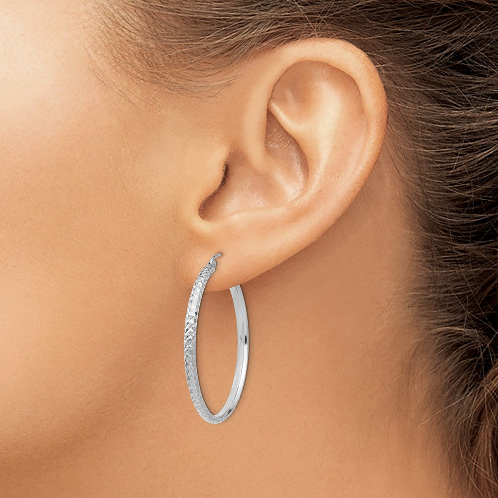14K White Gold Diamond-Cut 2.8X37mm Hollow Hoop Earrings