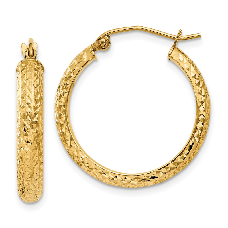 14K Yellow Gold Diamond-Cut 3.5X22mm Hollow Hoop Earrings