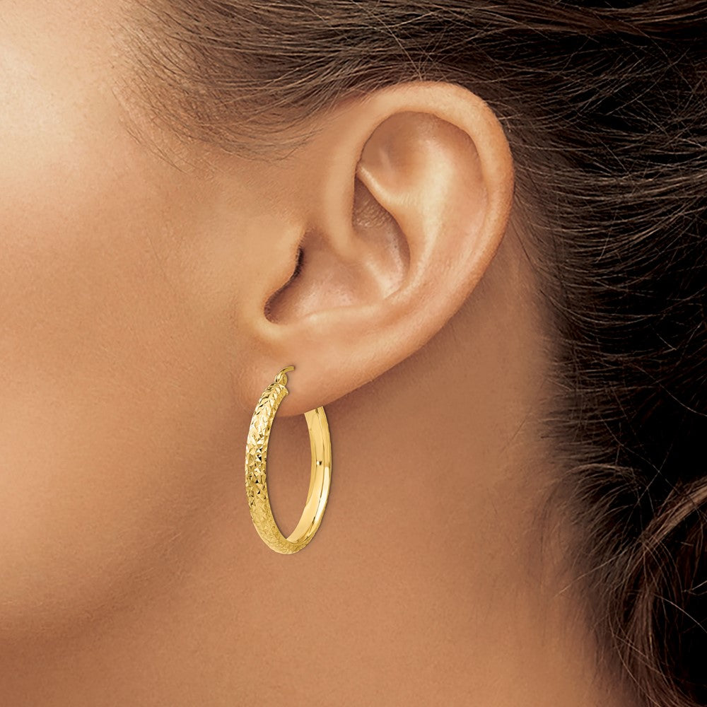 14K Yellow Gold Diamond-Cut 3.5X28mm Hollow Hoop Earrings