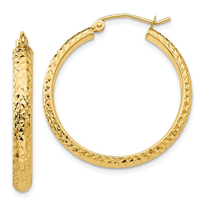 14K Yellow Gold Diamond-Cut 3.5X28mm Hollow Hoop Earrings