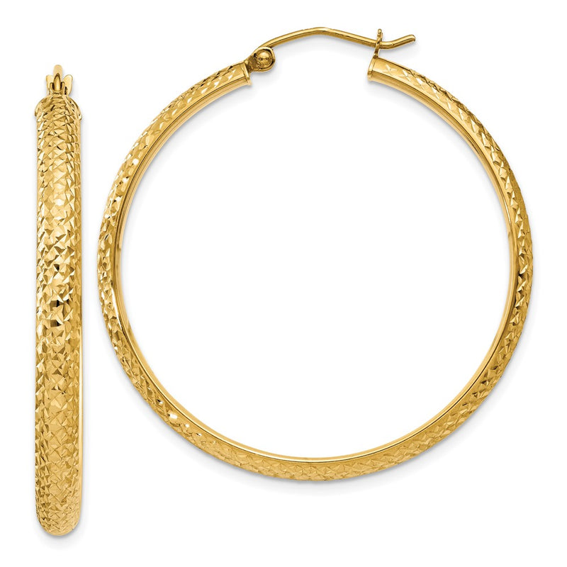 14K Yellow Gold Diamond-Cut 3.5X38mm Hollow Hoop Earrings