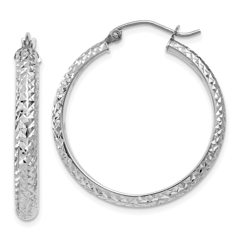14K White Gold Diamond-Cut 3.5X28mm Hollow Hoop Earrings