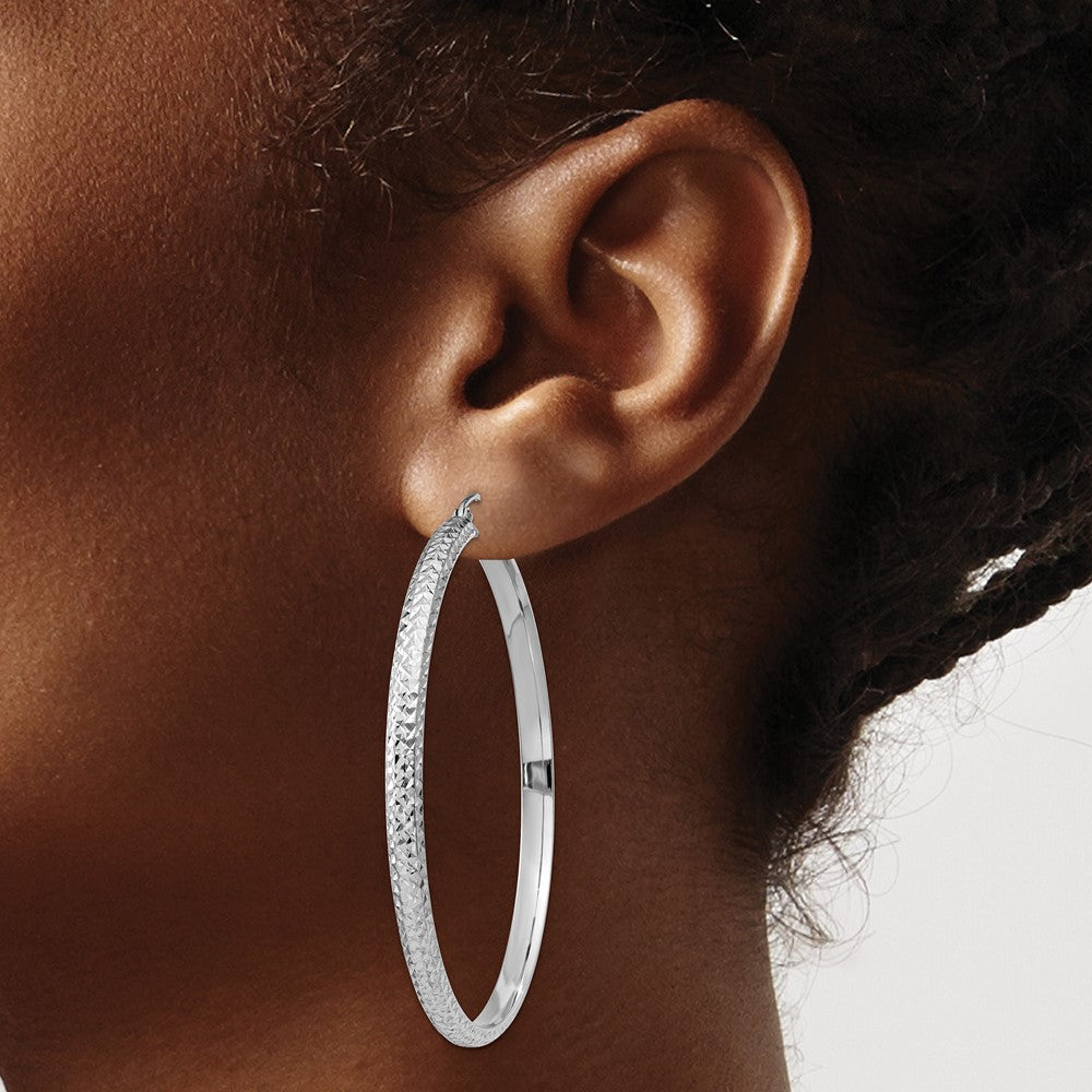 14K White Gold Diamond-Cut 3.5X52mm Hollow Hoop Earrings