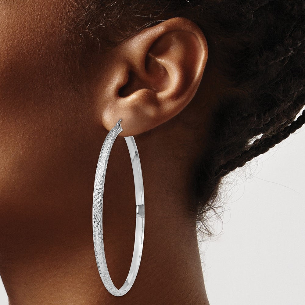 14K White Gold Diamond-Cut 3.5X65mm Hollow Hoop Earrings