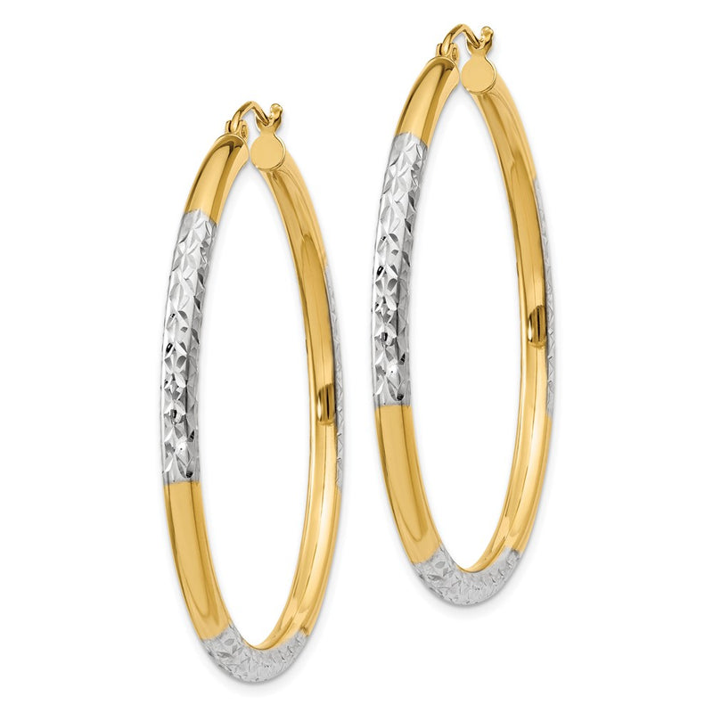 14K Yellow & Rhodium And Diamond-Cut 3X45mm Hoop Earrings