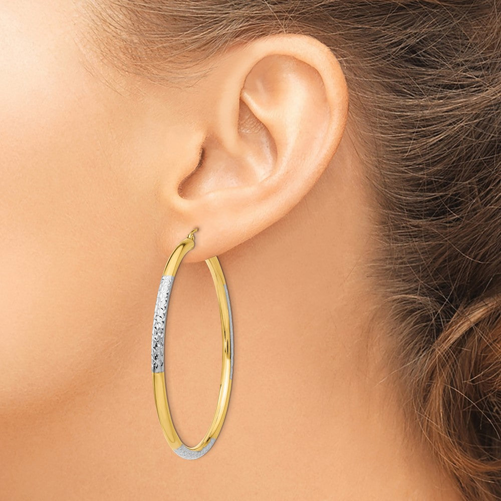 14K Yellow & Rhodium And Diamond-Cut 3X55mm Hoop Earrings