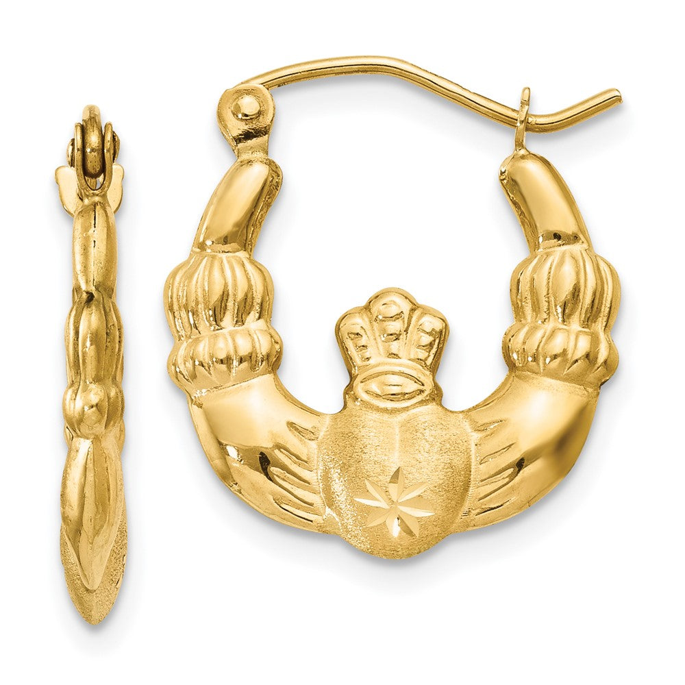 14K Yellow Gold Polished And Satin Claddagh Hoop Earrings