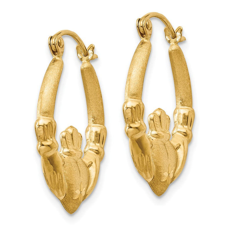 14K Yellow Gold Polished And Satin Claddagh Hoop Earrings