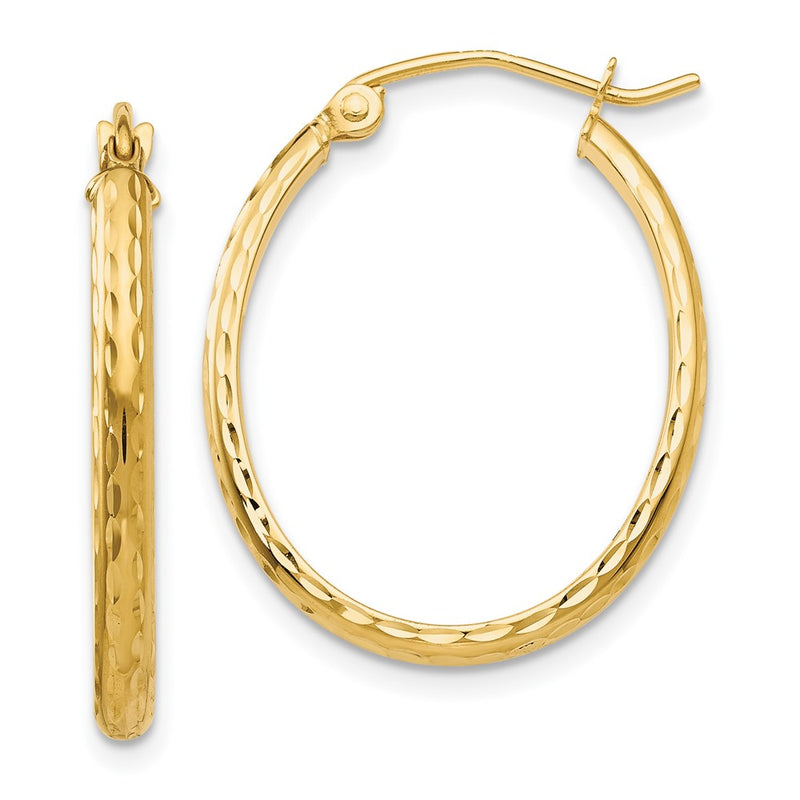 14K Yellow Gold Lightweight Diamond-Cut Oval Hoop Earrings
