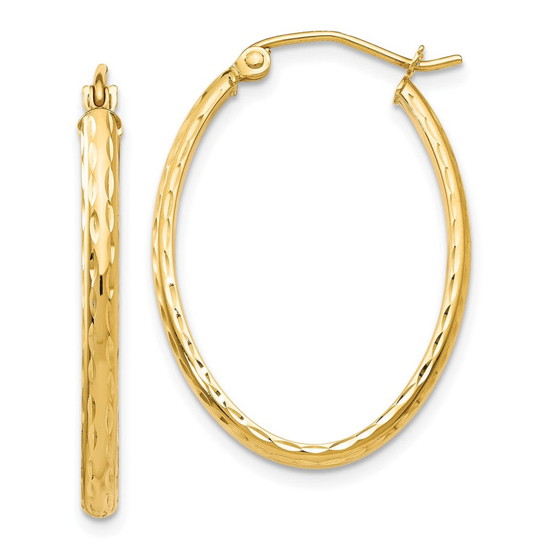 14K Yellow Gold Lightweight Diamond-Cut Oval Hoop Earrings