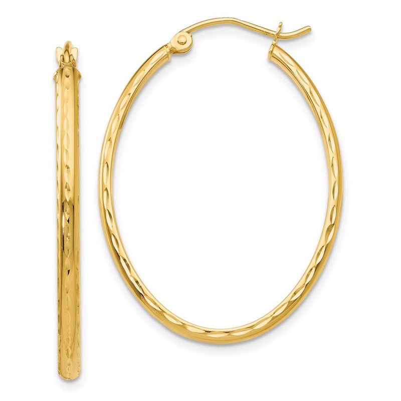 14K Yellow Gold Lightweight Diamond-Cut Oval Hoop Earrings