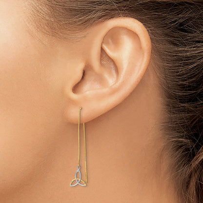 14K Yellow & Rhodium W/Rhodium D/C Box Chain Celtic Knot Threader Earrings