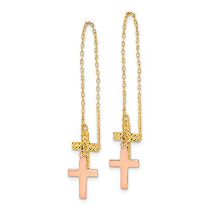14K Two-Tone Yellow & Rose D/C Polished Crosses Threader Earrings