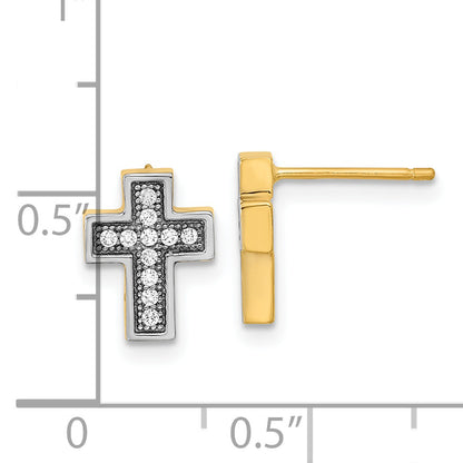 14K Yellow & Rhodium W/Rhodium Micro Pav Cz Cross Post Earrings