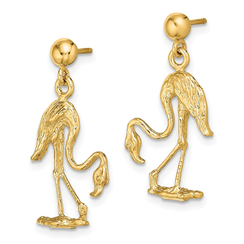 14K Yellow Gold 3-D Flamingo Dangle Earrings
